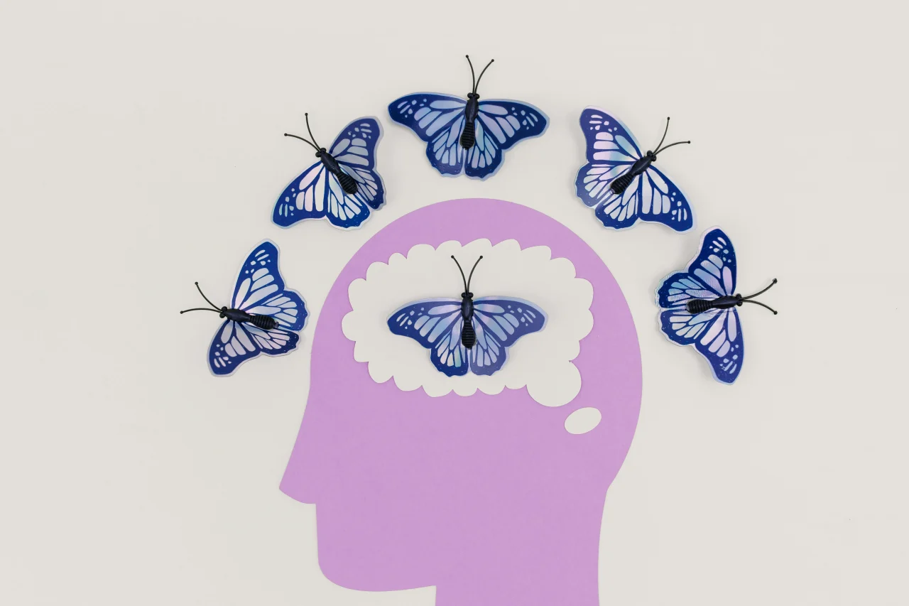 Akzeptanz- und Commitmenttherapie 2 Form eines Kopfes mit einem Schmetterling um den Kopf herum und einer darin
